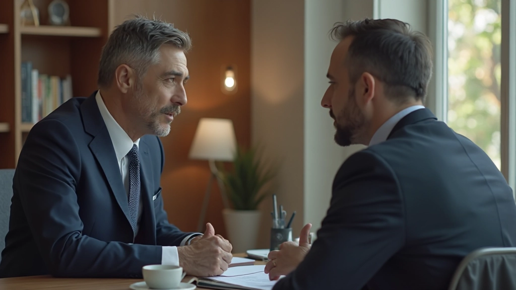 Деловая встреча с двумя профессионалами, обсуждающими условия контракта